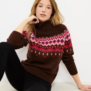 Lou & Grey Brown and Pink Cowl Neck Sweater with Fair Isle Pattern